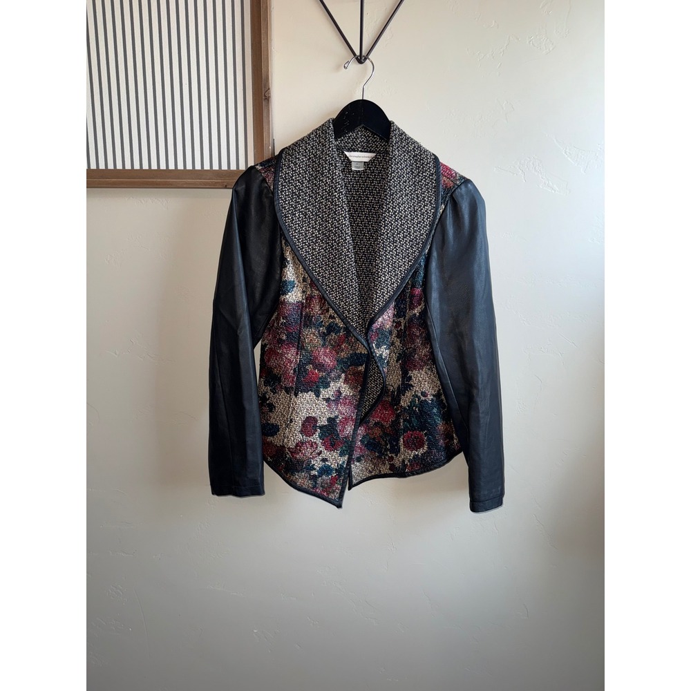 Christopher & Banks Floral Tapestry‎ Jacket Faux Leather Sleeves Open Front M